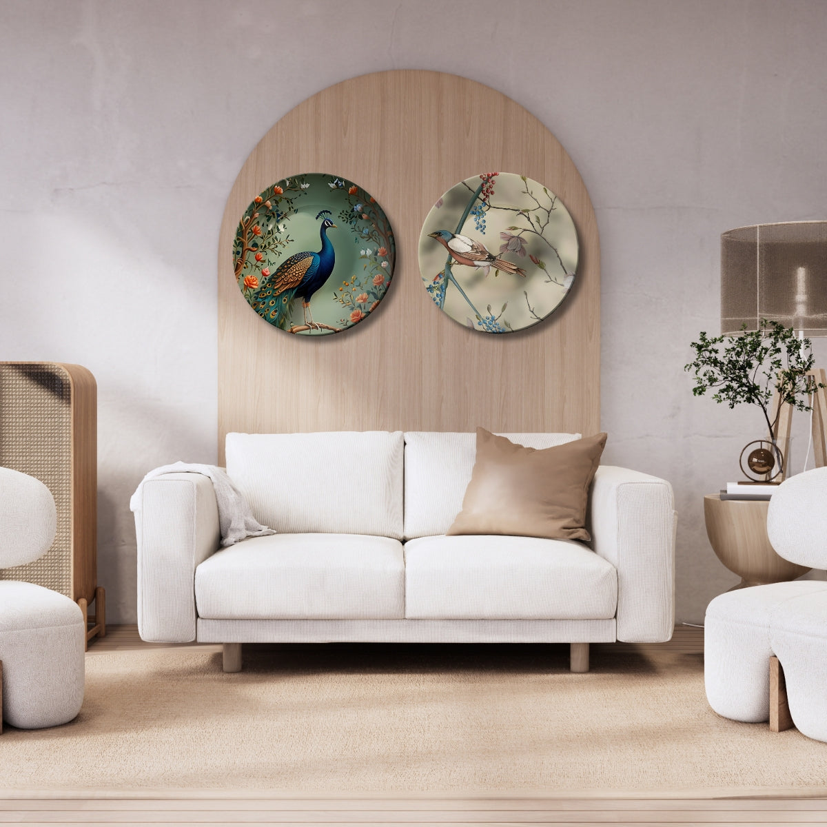 Set of 2 Royal Peacock & Songbird Symphony Ceramic Wall Plates Home Décor