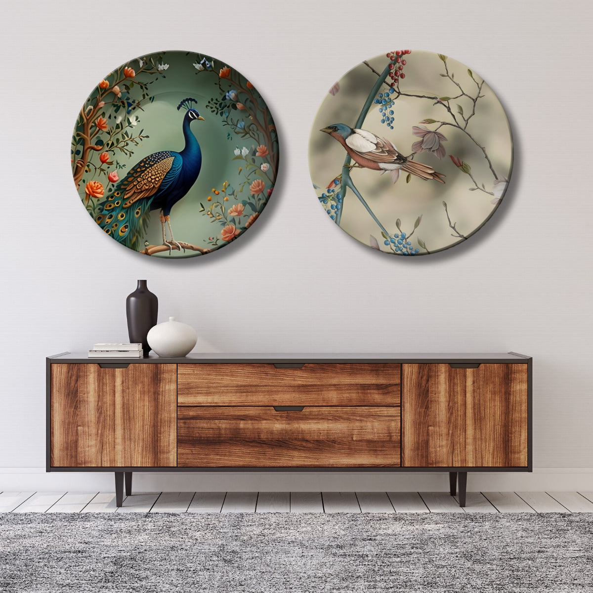 Set of 2 Royal Peacock & Songbird Symphony Ceramic Wall Plates Home Décor