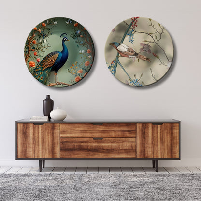 Set of 2 Royal Peacock & Songbird Symphony Ceramic Wall Plates Home Décor