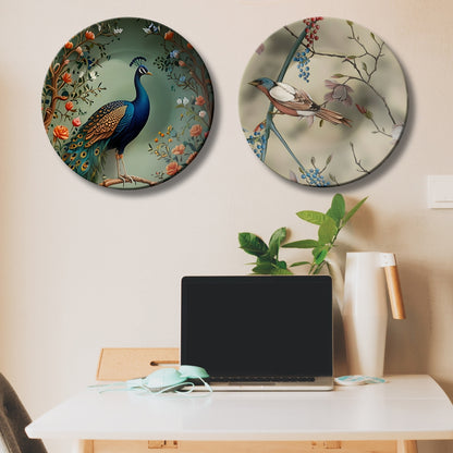 Set of 2 Royal Peacock & Songbird Symphony Ceramic Wall Plates Home Décor