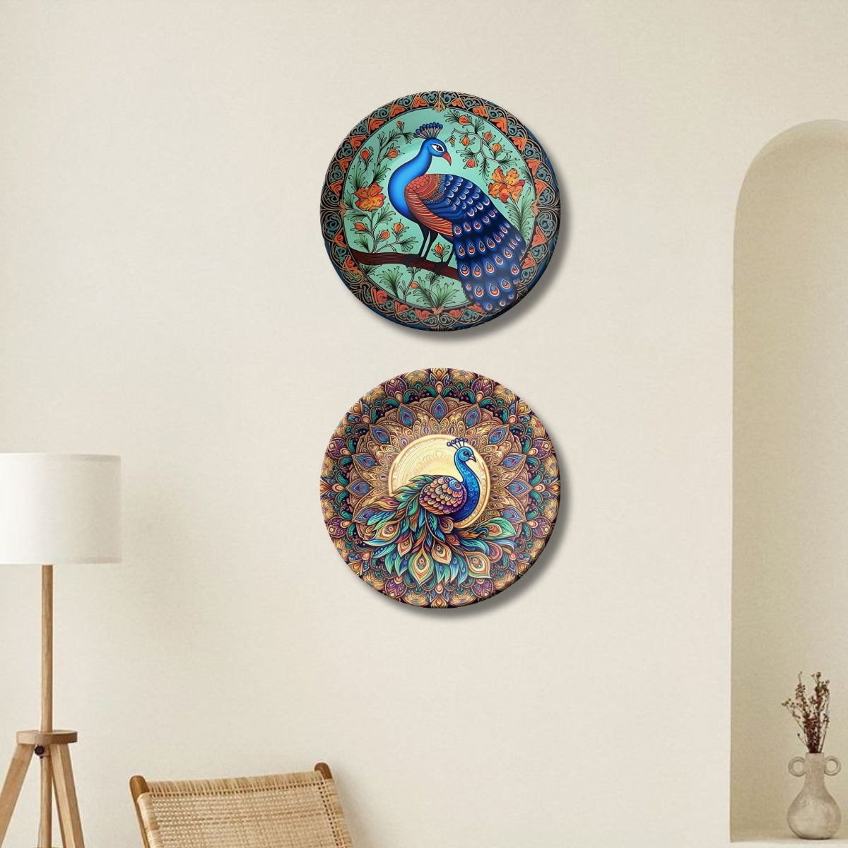 Set of 2 Sacred Peacock Blessings Ceramic Wall Plates Home Décor