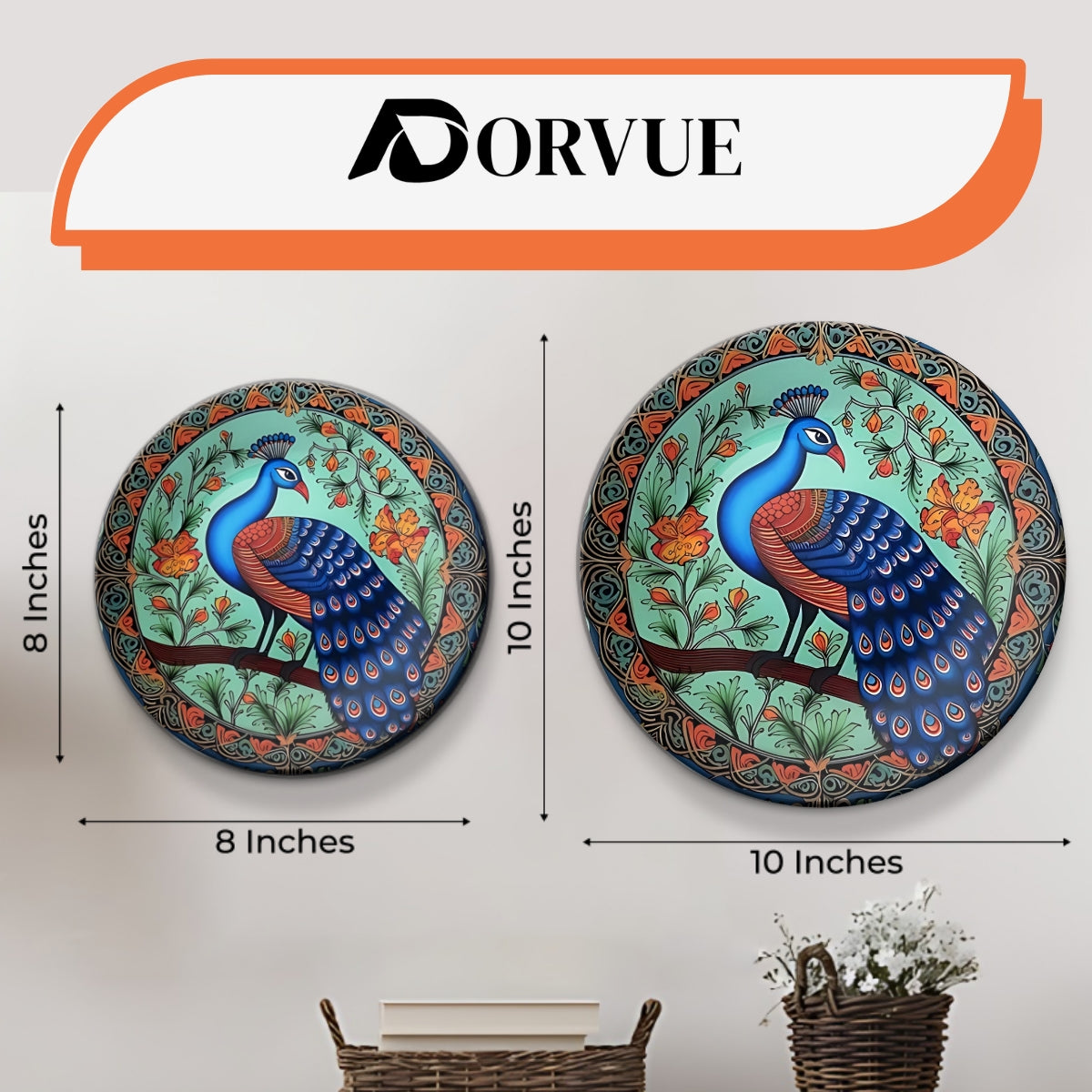 Set of 2 Sacred Peacock Blessings Ceramic Wall Plates Home Décor
