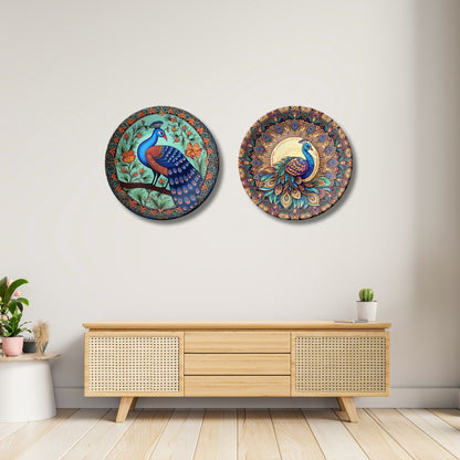 Set of 2 Sacred Peacock Blessings Ceramic Wall Plates Home Décor
