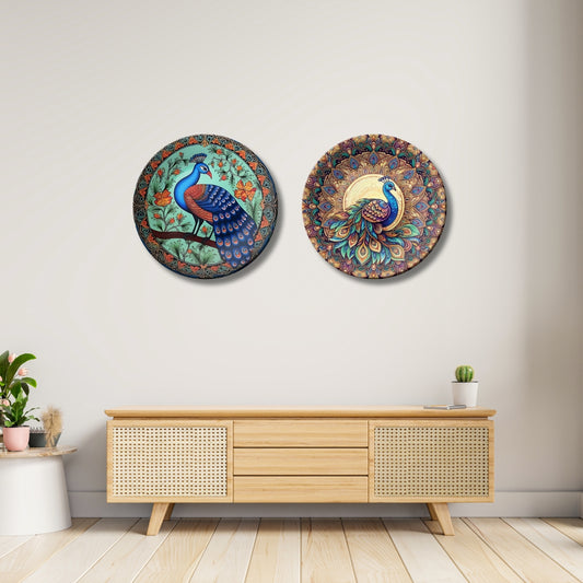 Set of 2 Sacred Peacock Blessings Ceramic Wall Plates Home Décor