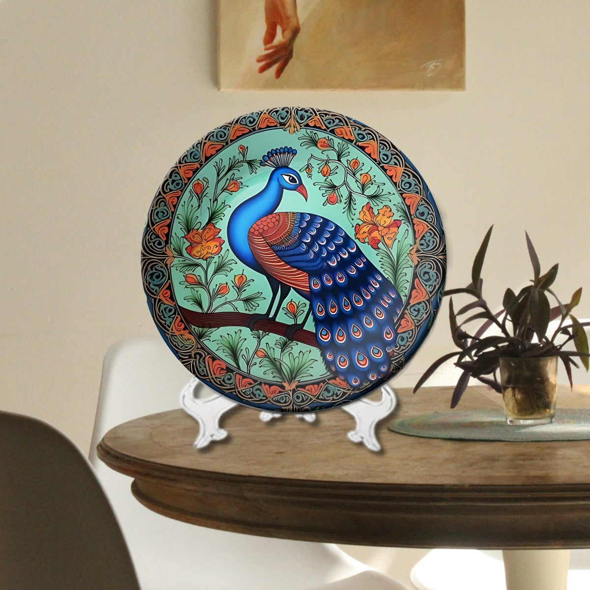 Set of 2 Sacred Peacock Blessings Ceramic Wall Plates Home Décor