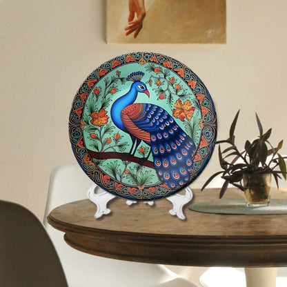 Set of 2 Sacred Peacock Blessings Ceramic Wall Plates Home Décor