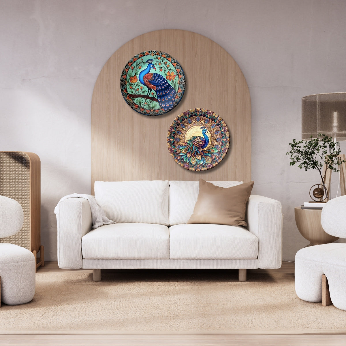 Set of 2 Sacred Peacock Blessings Ceramic Wall Plates Home Décor