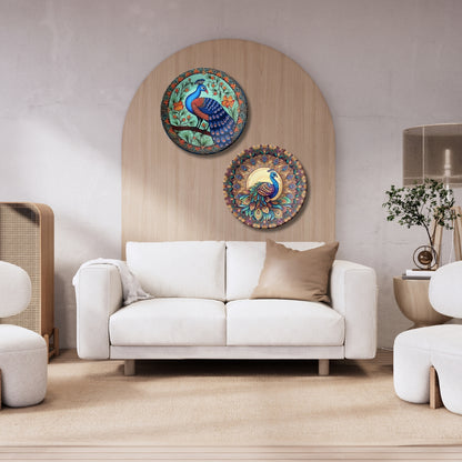 Set of 2 Sacred Peacock Blessings Ceramic Wall Plates Home Décor