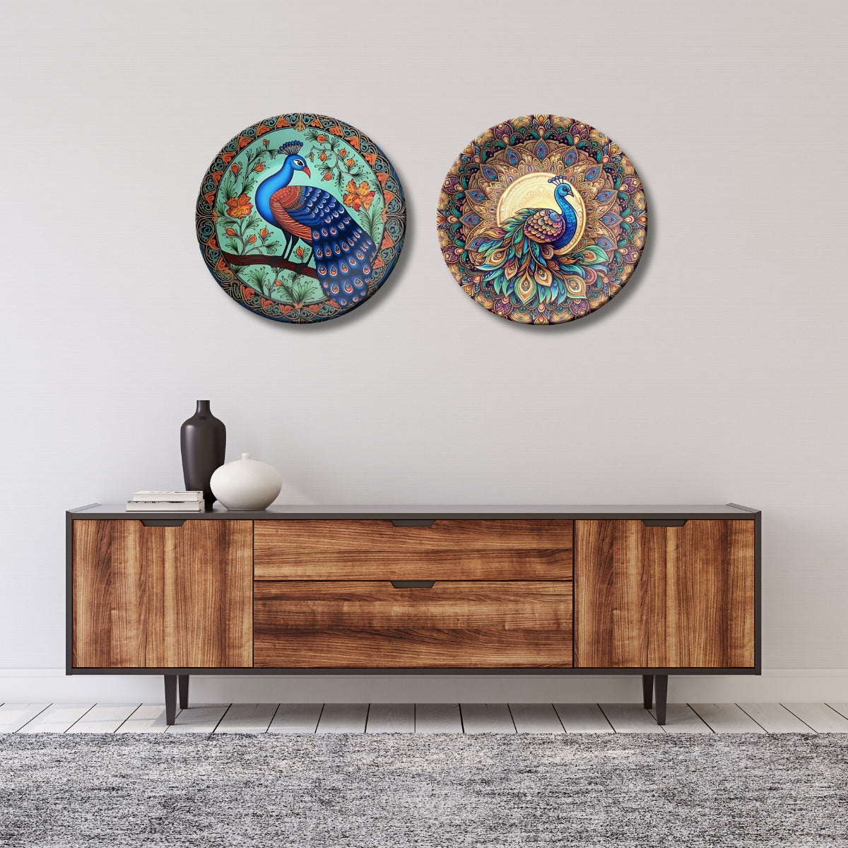 Set of 2 Sacred Peacock Blessings Ceramic Wall Plates Home Décor