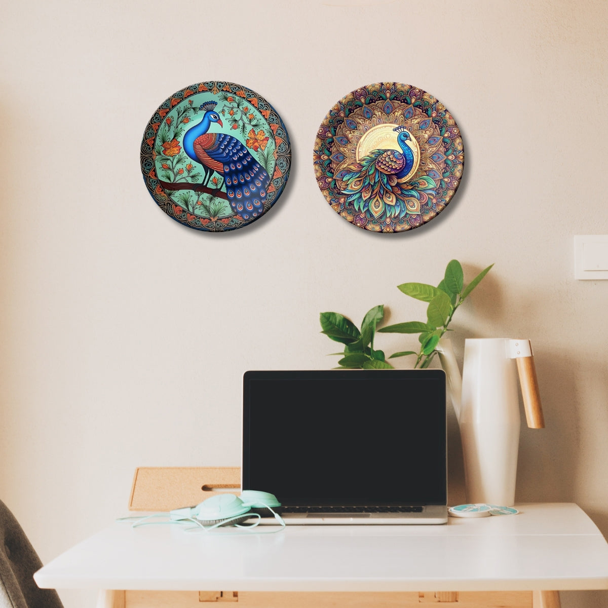 Set of 2 Sacred Peacock Blessings Ceramic Wall Plates Home Décor