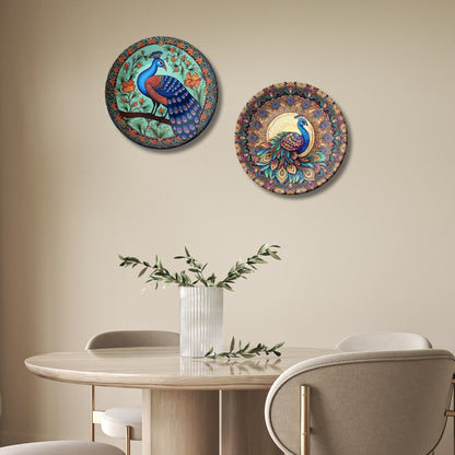 Set of 2 Sacred Peacock Blessings Ceramic Wall Plates Home Décor