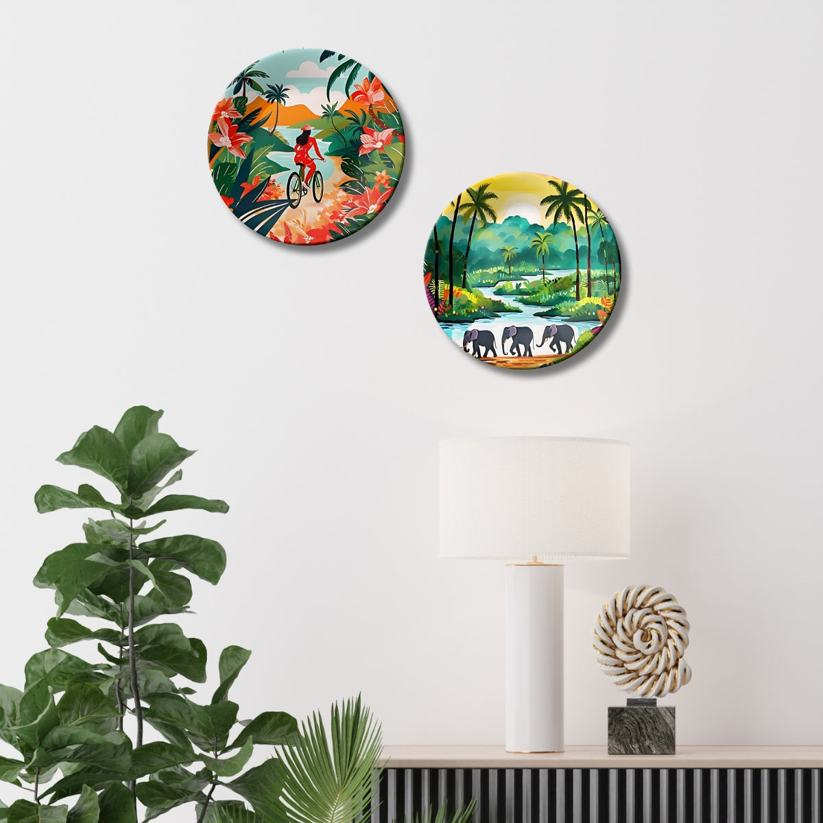 Set of 2 Tropical Escape Adventures Trip Story Ceramic Wall Plates Home Décor