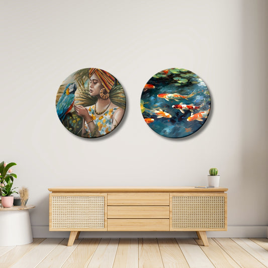 Set of 2 Vastu Koi Fortune Flow Ceramic Wall Plates Home Décor