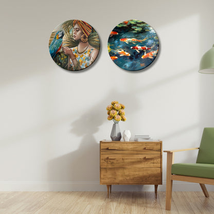 Set of 2 Vastu Koi Fortune Flow Ceramic Wall Plates Home Décor