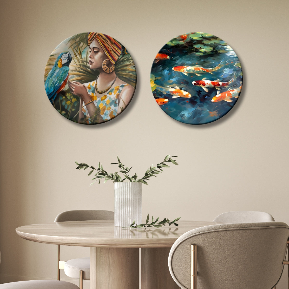 Set of 2 Vastu Koi Fortune Flow Ceramic Wall Plates Home Décor