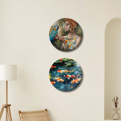 Set of 2 Vastu Koi Fortune Flow Ceramic Wall Plates Home Décor