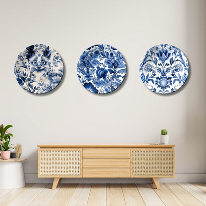 Set of 3 Azure Floral Symphony Decorative Wall Plates