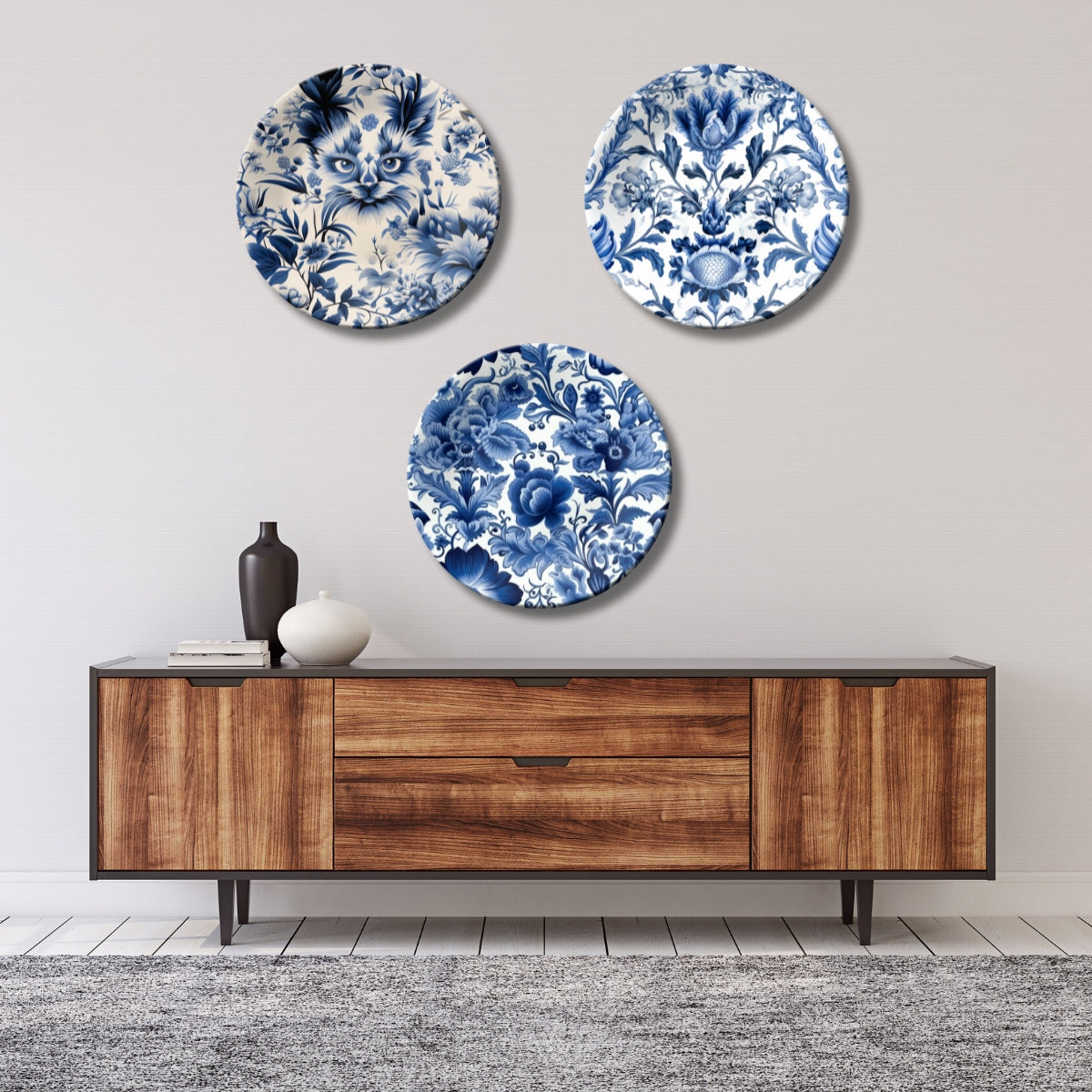 Set of 3 Azure Floral Symphony Decorative Wall Plates