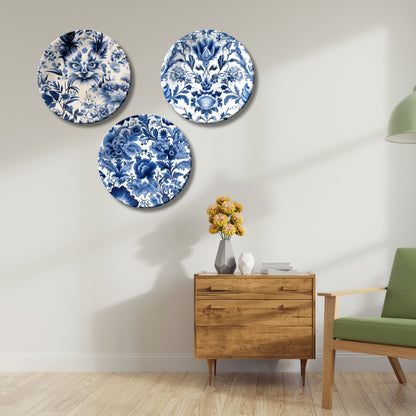 Set of 3 Azure Floral Symphony Decorative Wall Plates