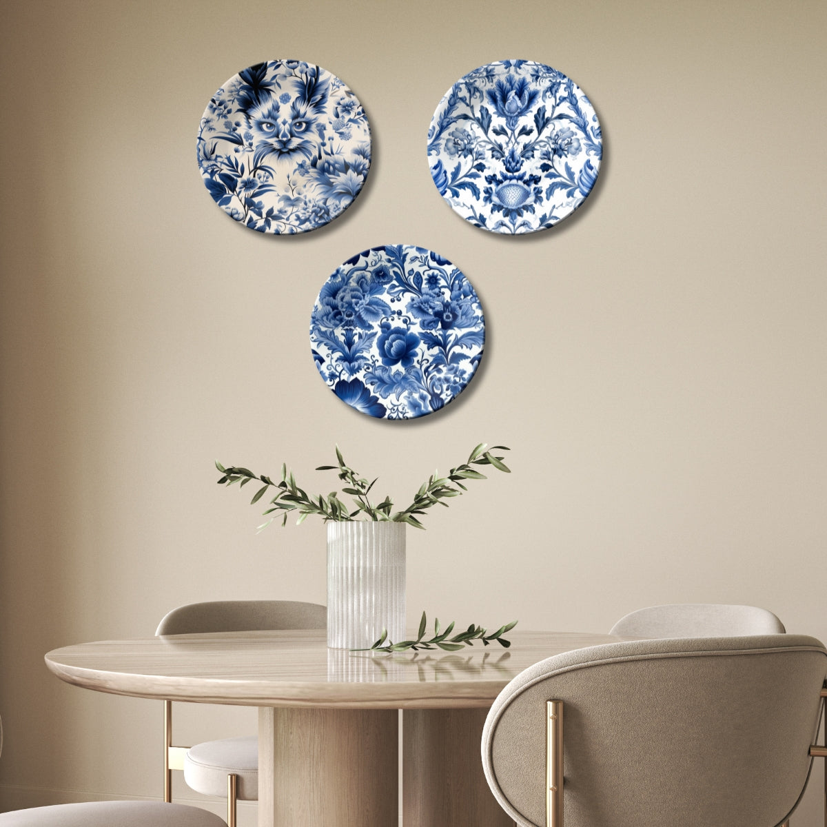 Set of 3 Azure Floral Symphony Decorative Wall Plates