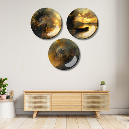 Set of 3 Golden Sunset Twilight Oasis Decorative Wall Plates