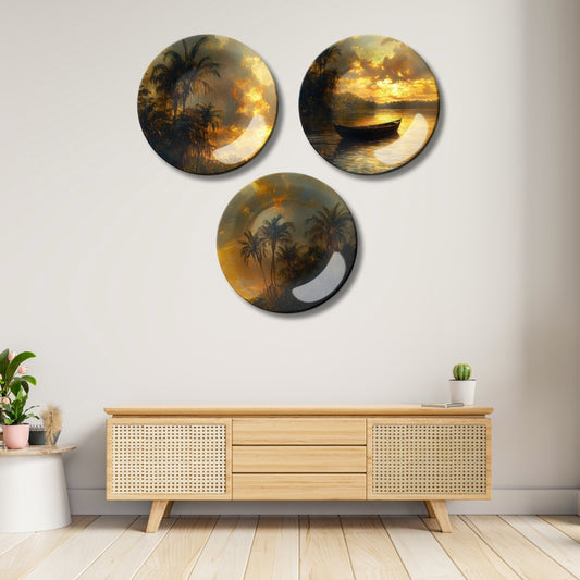 Set of 3 Golden Sunset Twilight Oasis Decorative Wall Plates