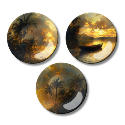 Set of 3 Golden Sunset Twilight Oasis Decorative Wall Plates
