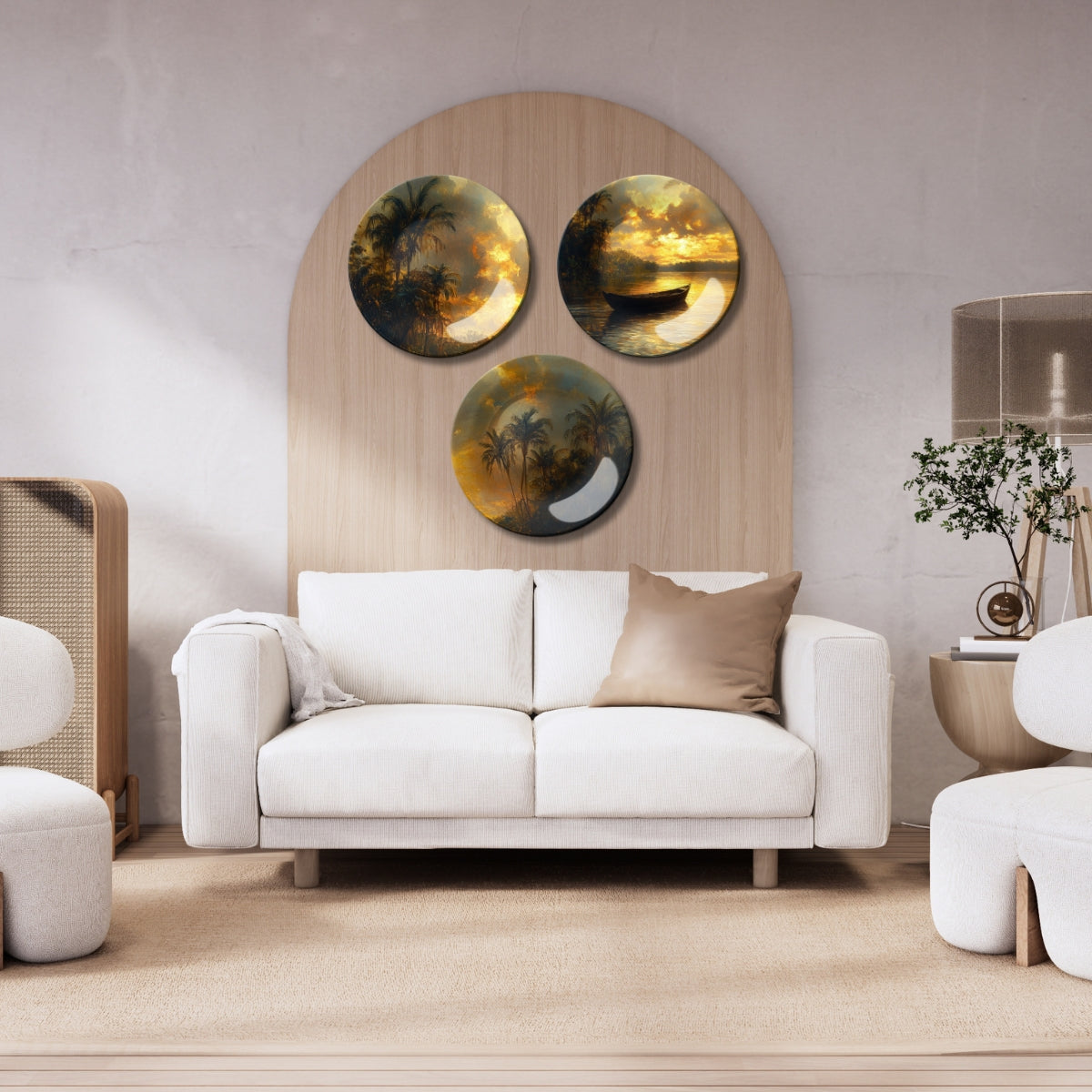 Set of 3 Golden Sunset Twilight Oasis Decorative Wall Plates