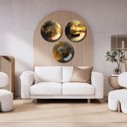 Set of 3 Golden Sunset Twilight Oasis Decorative Wall Plates
