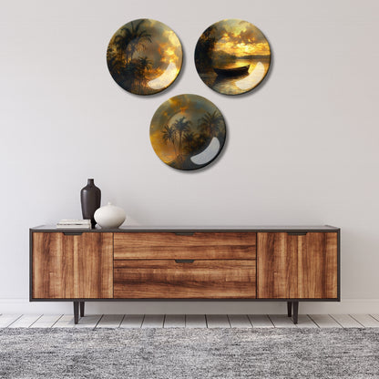 Set of 3 Golden Sunset Twilight Oasis Decorative Wall Plates