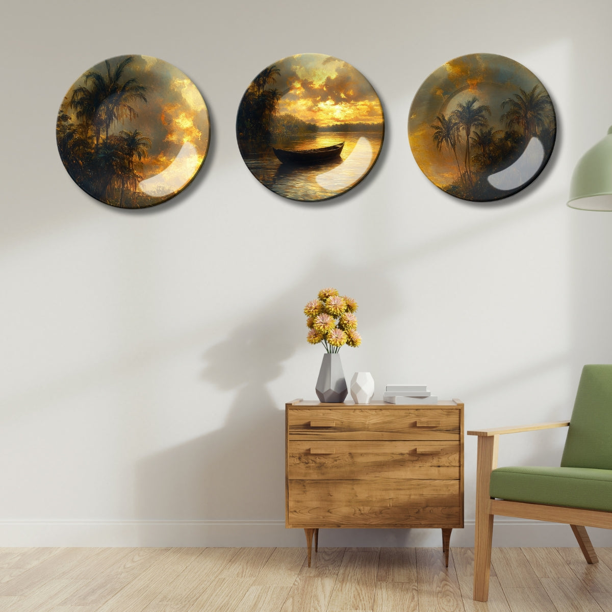 Set of 3 Golden Sunset Twilight Oasis Decorative Wall Plates