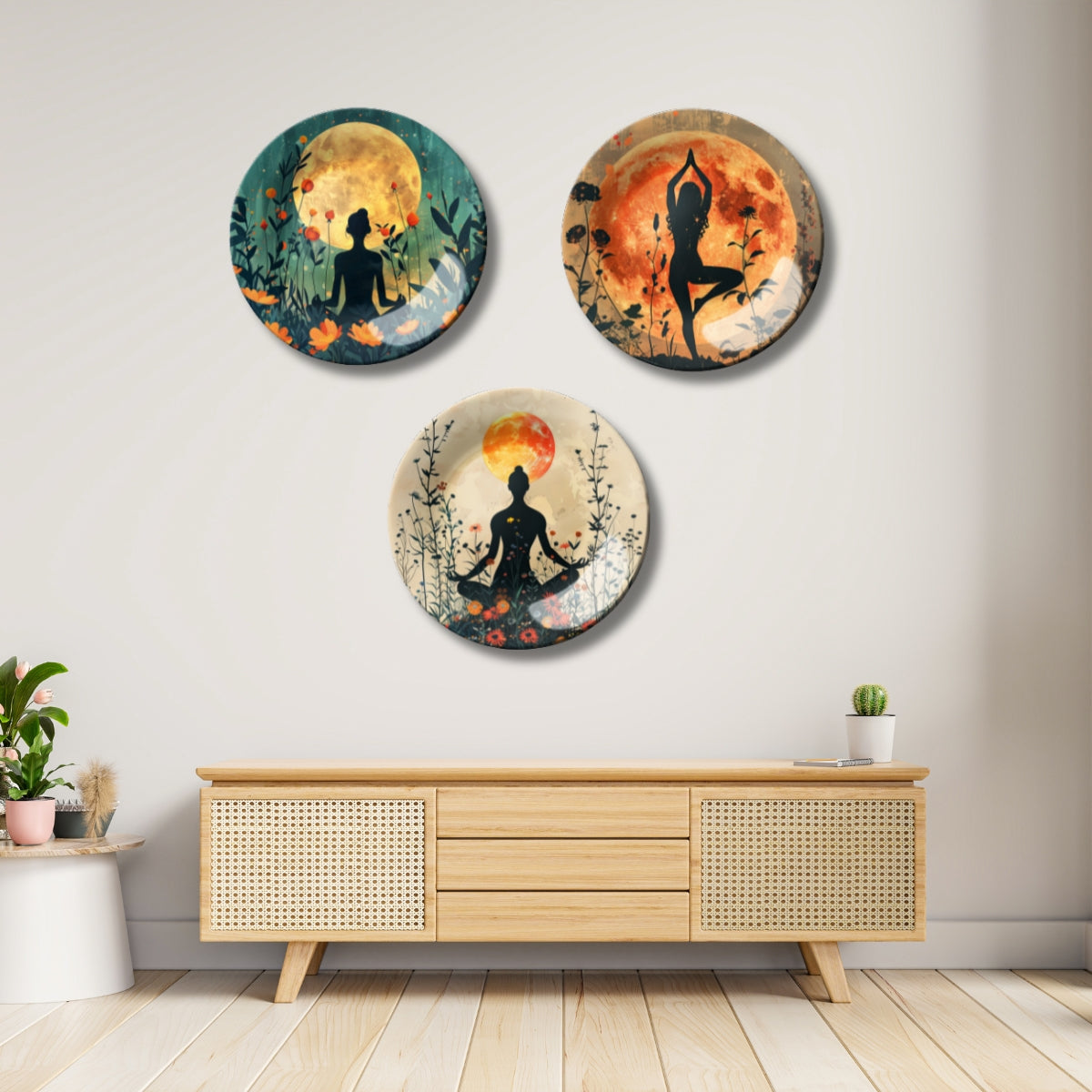 Set of 3 Moonlit Meditation Decorative Ceramic Home Décor Wall Plates