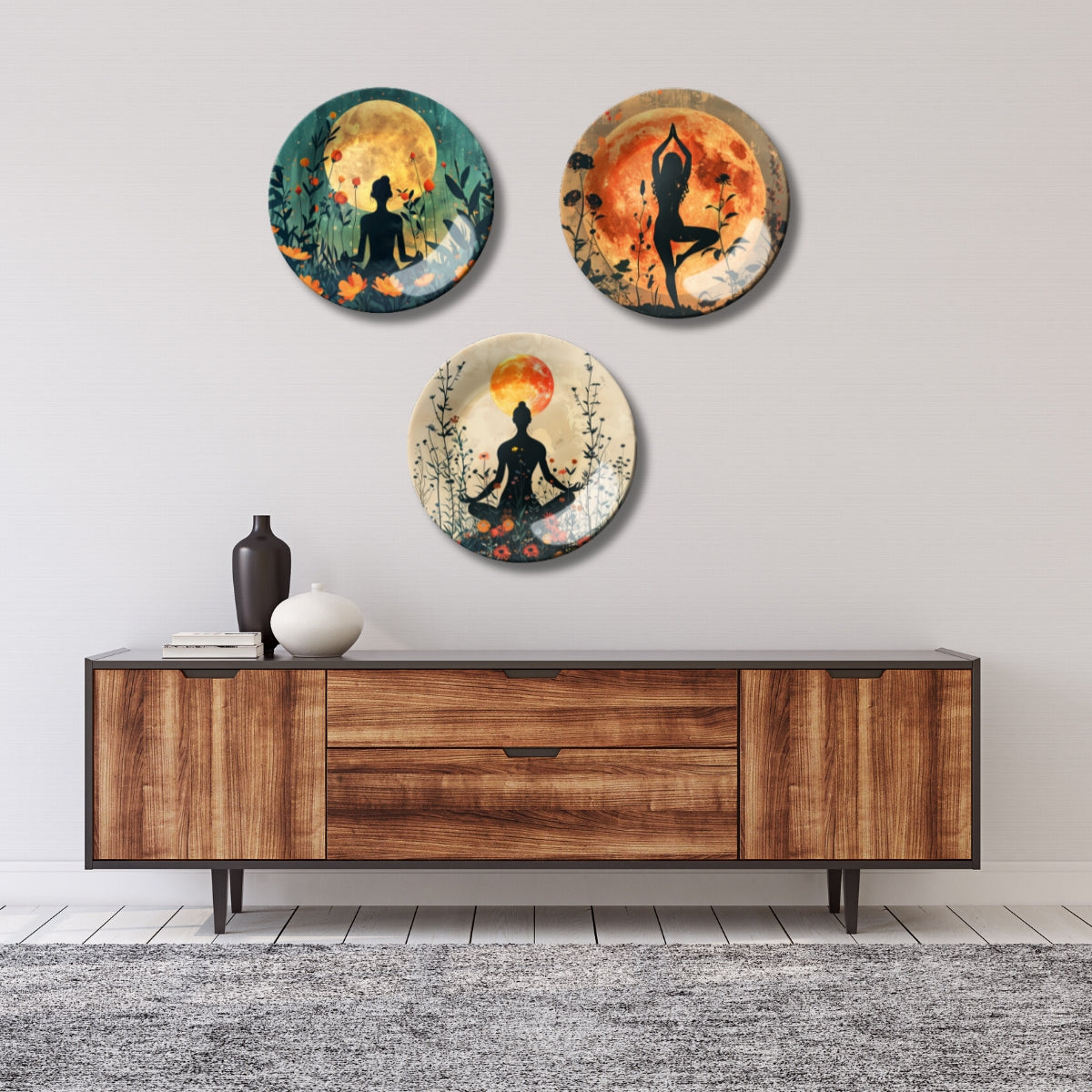 Set of 3 Moonlit Meditation Decorative Ceramic Home Décor Wall Plates