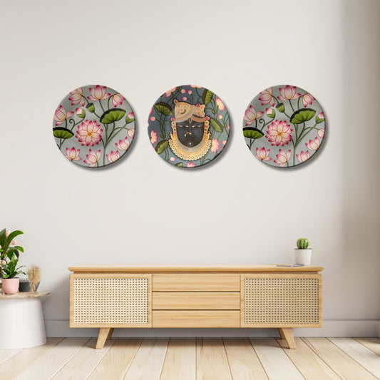 Set of 3 Shrinathji Lotus Sacred Blessings Decorative Wall Plates