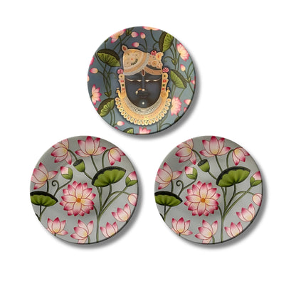 Set of 3 Shrinathji Lotus Sacred Blessings Decorative Wall Plates