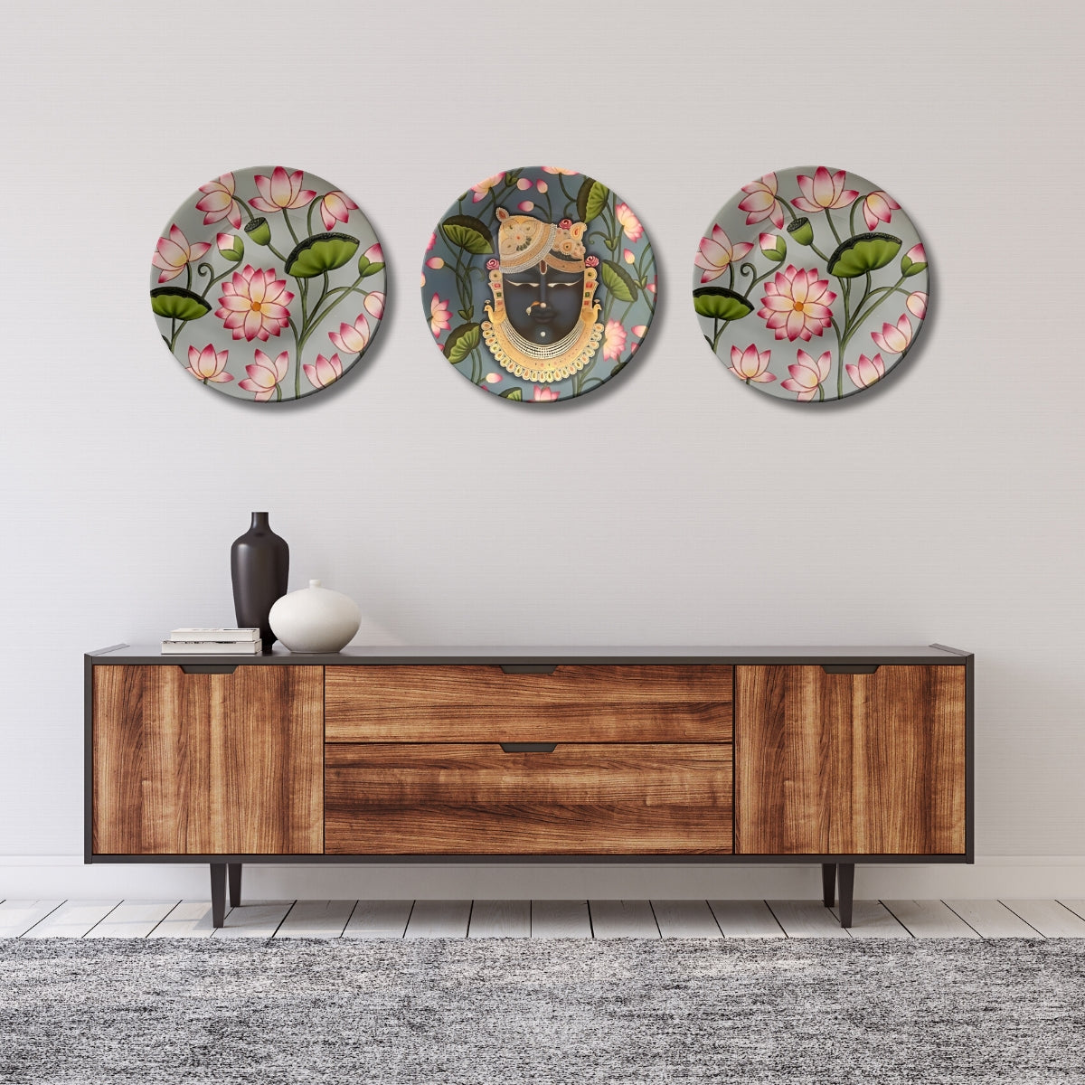 Set of 3 Shrinathji Lotus Sacred Blessings Decorative Wall Plates