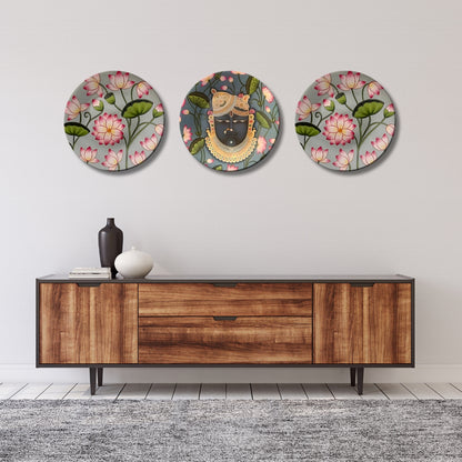 Set of 3 Shrinathji Lotus Sacred Blessings Decorative Wall Plates