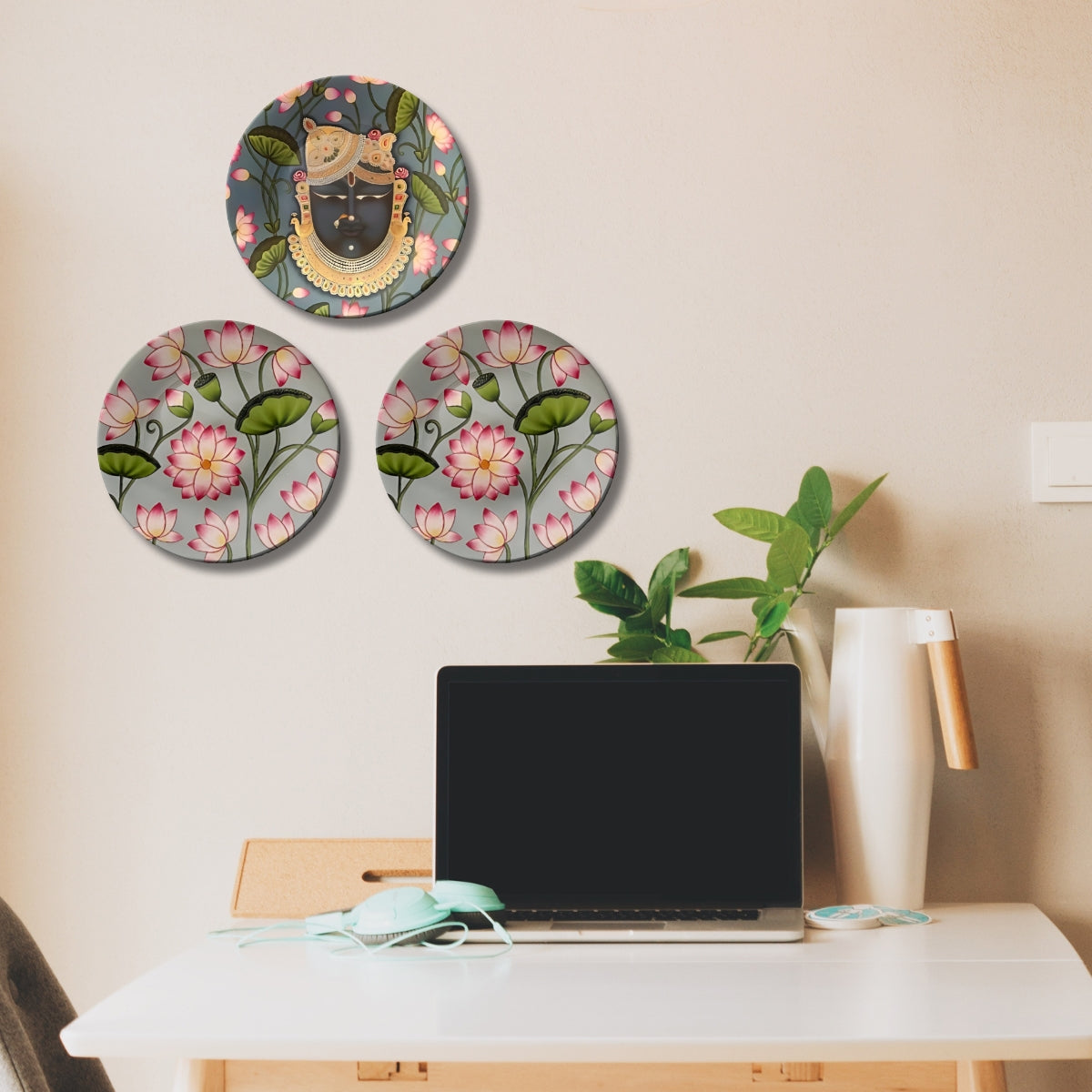 Set of 3 Shrinathji Lotus Sacred Blessings Decorative Wall Plates