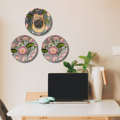 Set of 3 Shrinathji Lotus Sacred Blessings Decorative Wall Plates