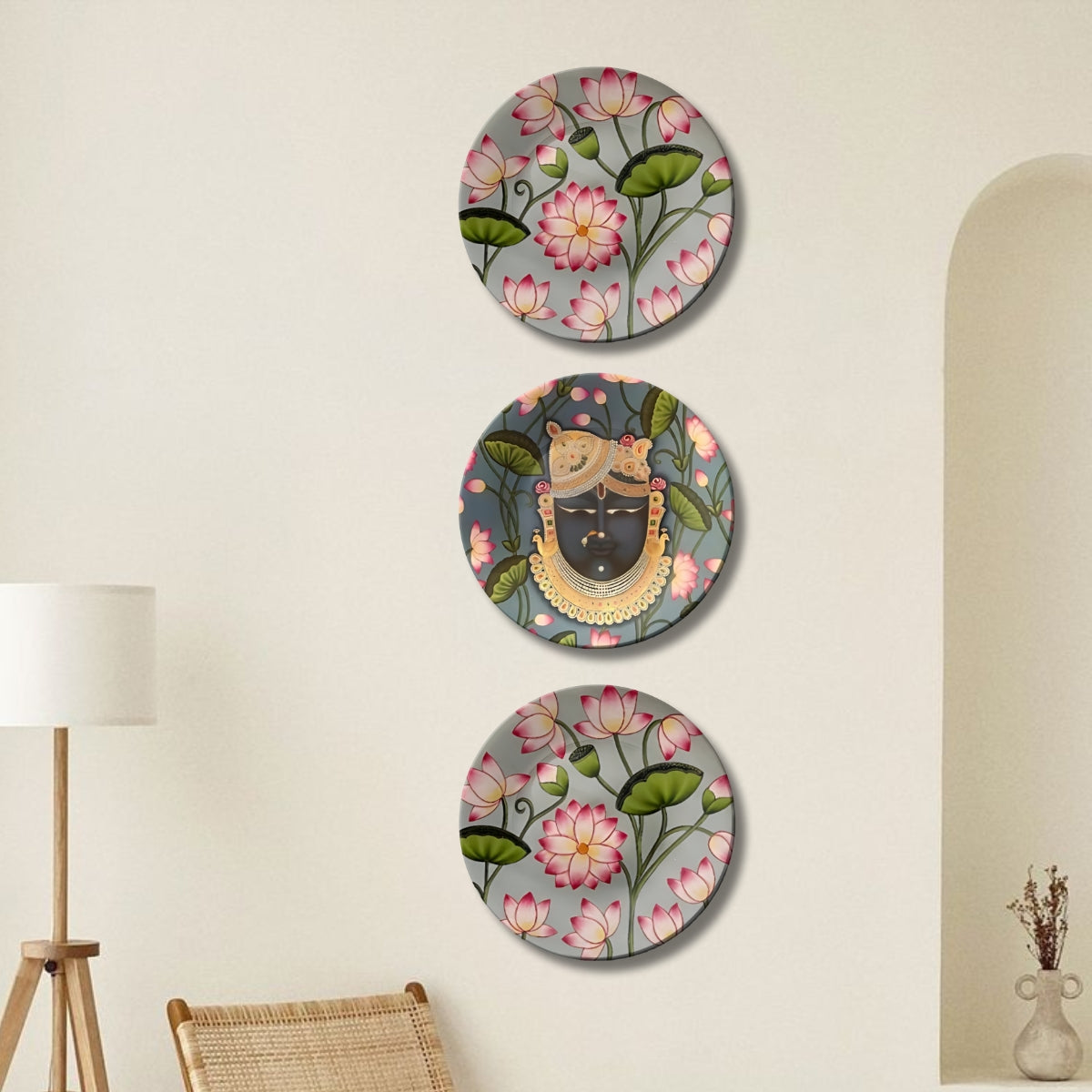 Set of 3 Shrinathji Lotus Sacred Blessings Decorative Wall Plates