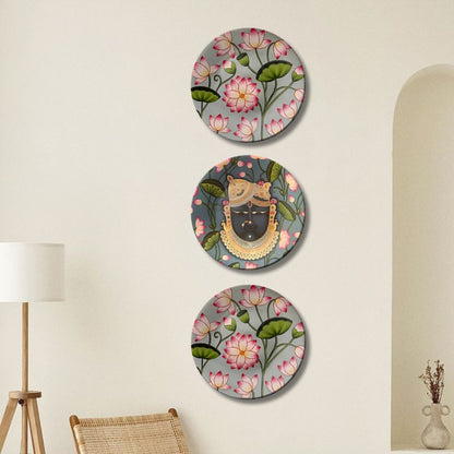 Set of 3 Shrinathji Lotus Sacred Blessings Decorative Wall Plates