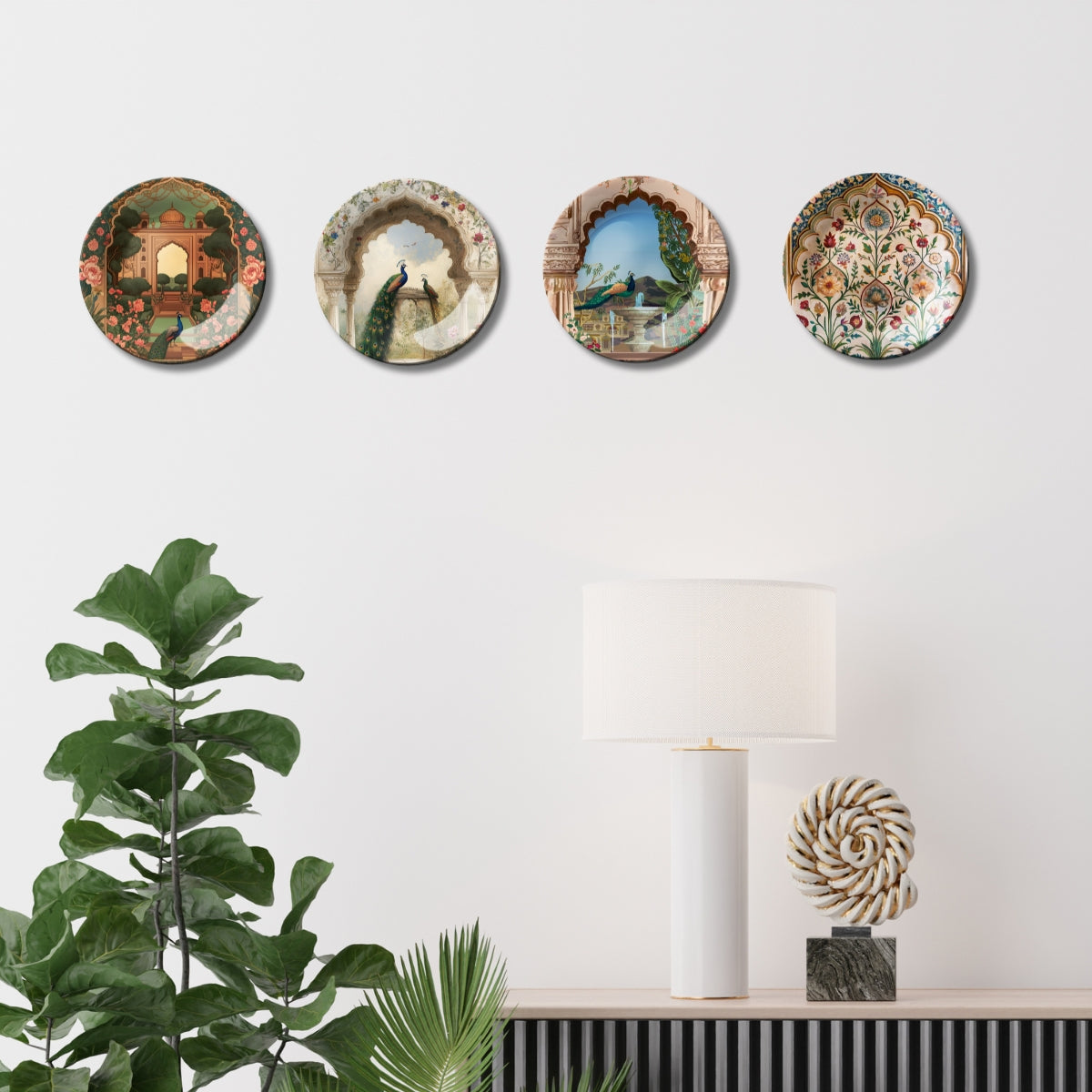 Set of 4 Regal Peacock Art Gallery Collection Ceramic Decorative Wall Plates