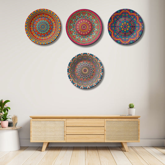 Set of 4 Vibrant Mandala Kaleidoscope Collection Ceramic Decorative Wall Plates