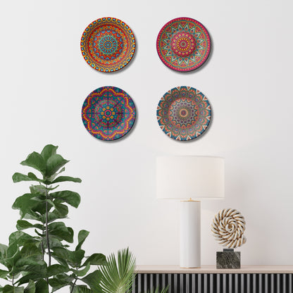 Set of 4 Vibrant Mandala Kaleidoscope Collection Ceramic Decorative Wall Plates