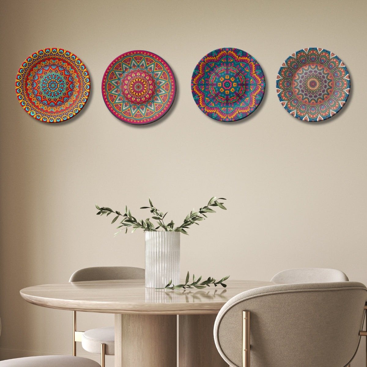 Set of 4 Vibrant Mandala Kaleidoscope Collection Ceramic Decorative Wall Plates
