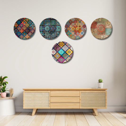 Set of 5 Boho Mosaic Vintage Tile Art Ceramic Decorative Wall Plates