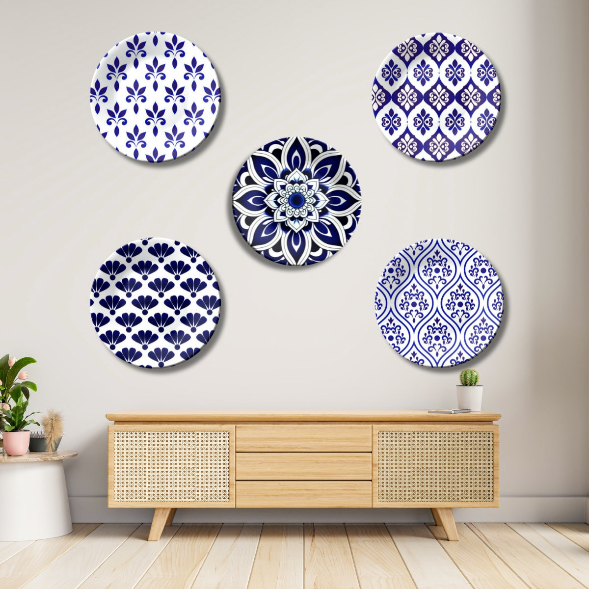 Set of 5 Classic Indigo Patterned Blue Pottery Ceramic Decorative Wall Plates