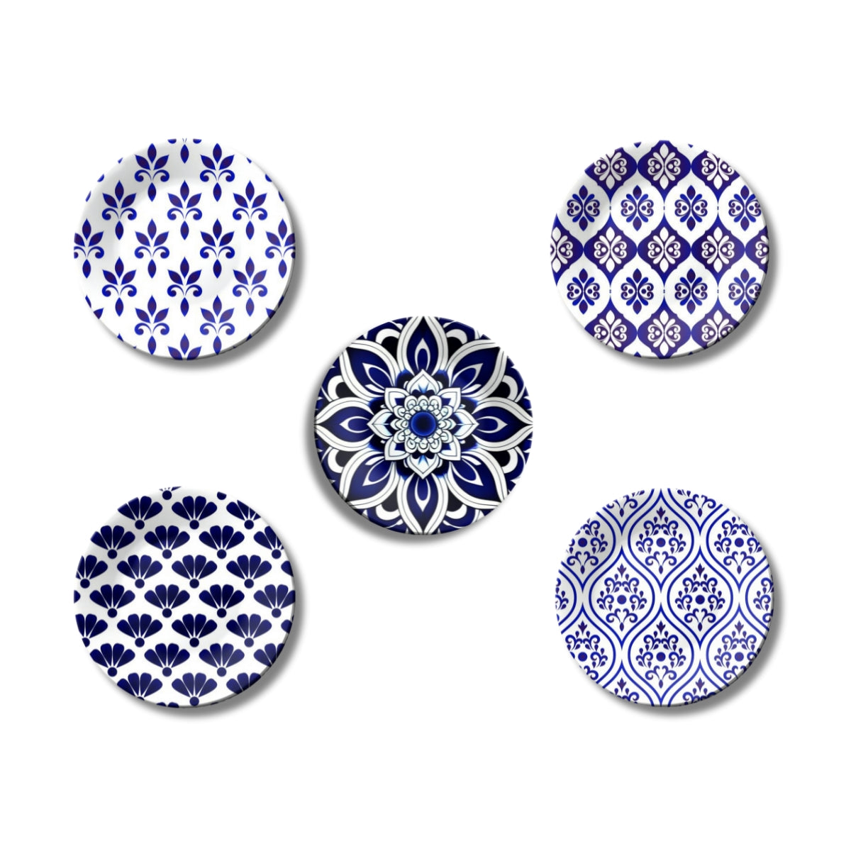 Set of 5 Classic Indigo Patterned Blue Pottery Ceramic Decorative Wall Plates