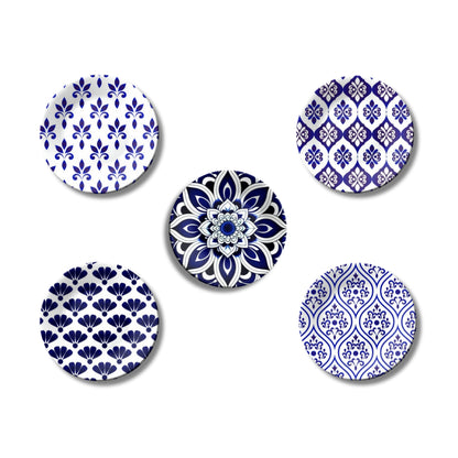 Set of 5 Classic Indigo Patterned Blue Pottery Ceramic Decorative Wall Plates