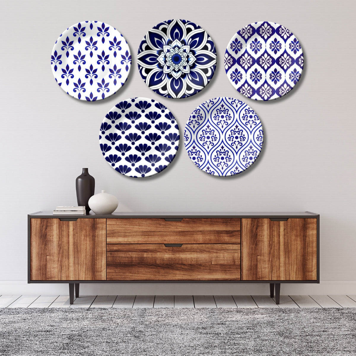 Set of 5 Classic Indigo Patterned Blue Pottery Ceramic Decorative Wall Plates